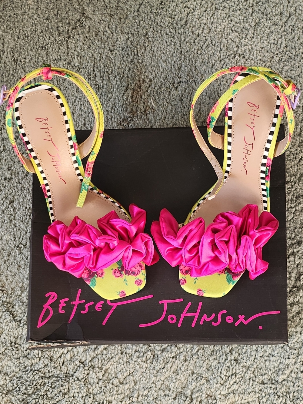 Betsey Johnson Hot Pink Floral Ruffle Strap Sandals   Elmira Citron Mul